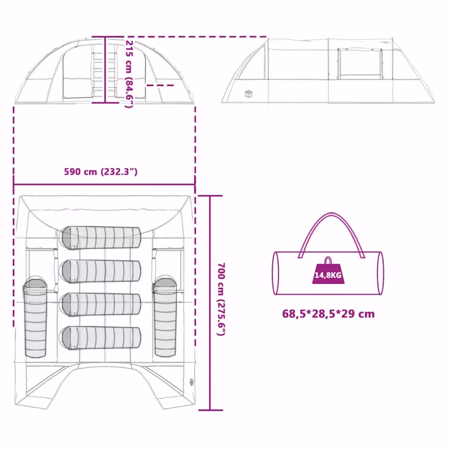 Tunnelitelk 6-le verandaga, sinine/hall, 700 x 590 x 215 cm - 12