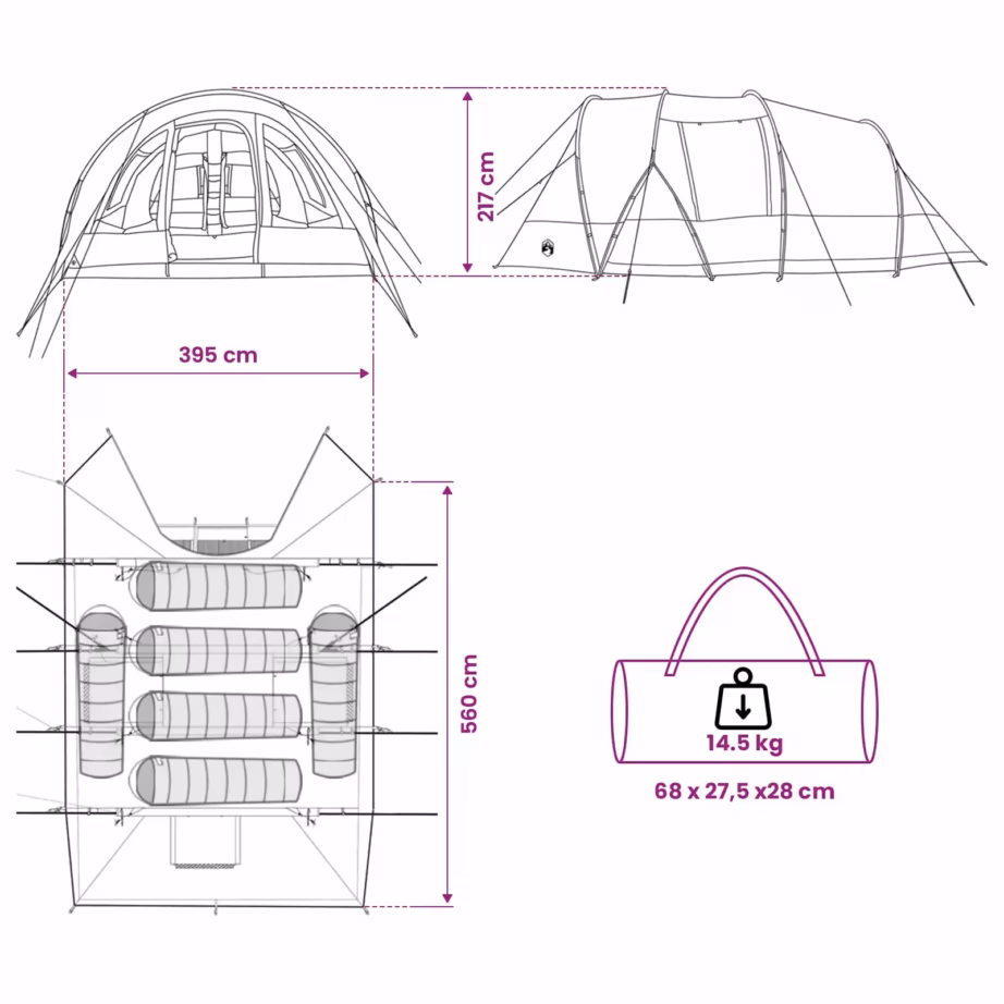 Tunnelitelk peredele, hall ja oranž, 560 x 395 x 212 cm, veekindel 185T polüester PU-kattega, eemaldatava ruumijagajaga - 11