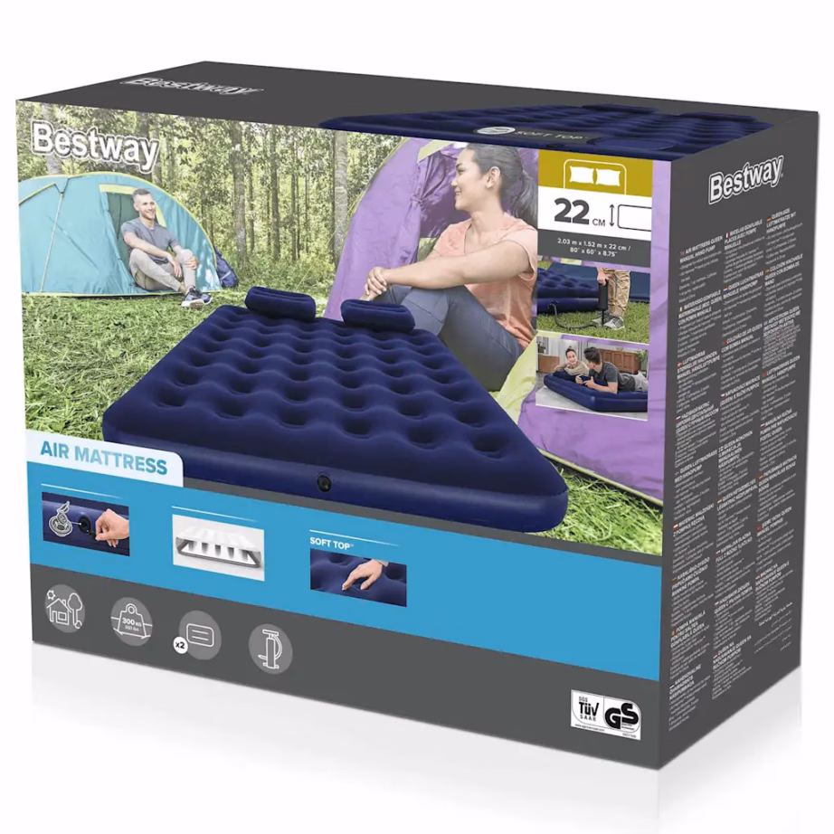 Bestway kahekohaline veluurkattega õhkmadrats padjade ja pumbaga, tumesinine, 203 x 152 x 22 cm - 7