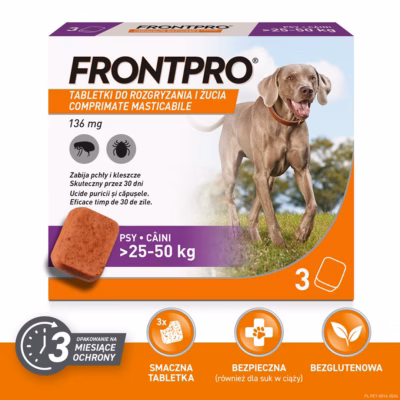 Kirbu- ja puugitõrje tabletid koerale FrontPro >25–50 kg, 3 × 136 mg