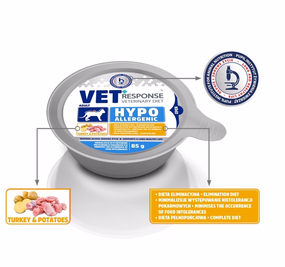 Märg kassitoit Vet Response Hypoallergenic Turkey, dieettoit täiskasvanud kassile, 85 g - 2
