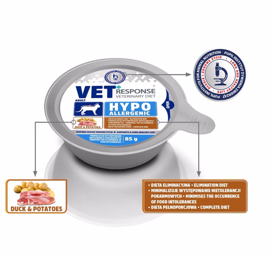 Kasside märgtoit Vet Response Hypoallergenic Duck, täissööt, 85 g - 2