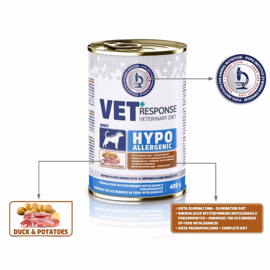 Märg koeratoit Vet Response Hypoallergenic Duck, täissööt täiskasvanud koerale, 400 g - 2