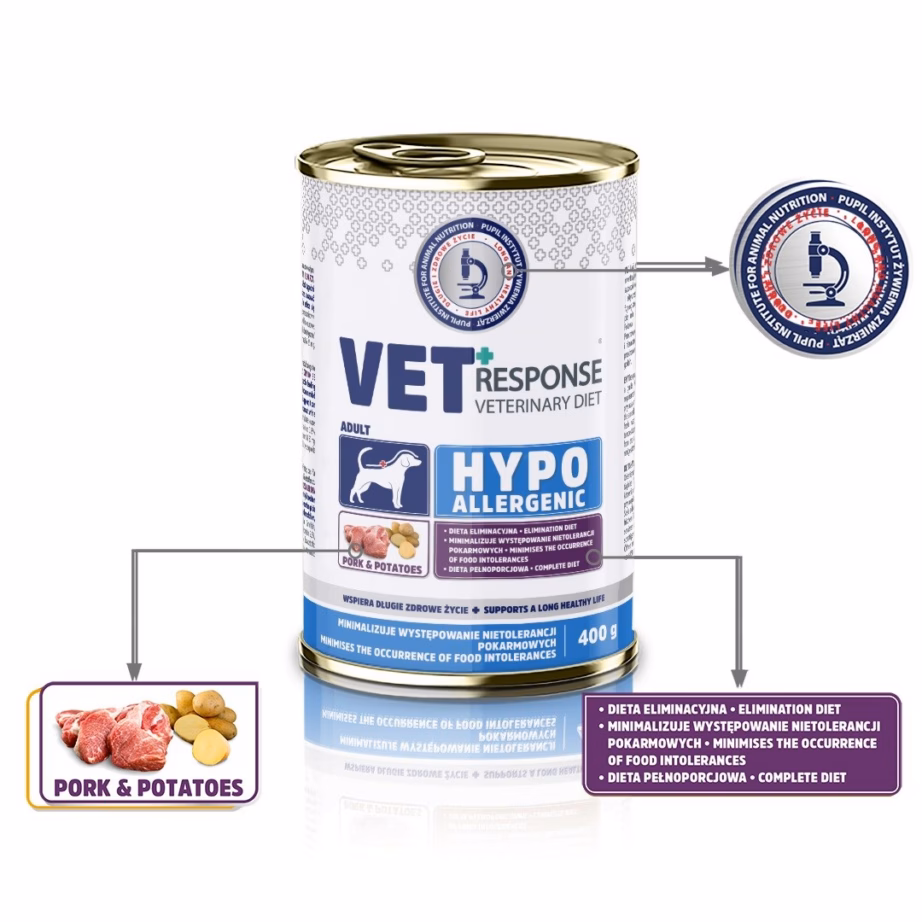 Koera märgtoit Vet Response Hypoallergenic Pork, täissööt täiskasvanud koertele, 400 g - 2
