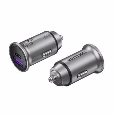 Autolaadija Vention Mini Style, 1× USB-A + 1× USB-C, USB PD 3.0, 30 W, hall alumiinium