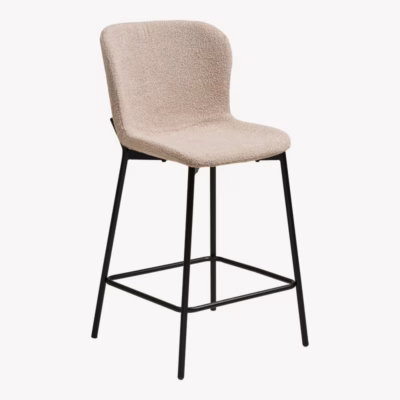 Beež bouclé baaritool mustade metalljalgadega Maceda, istumiskõrgus 65 cm