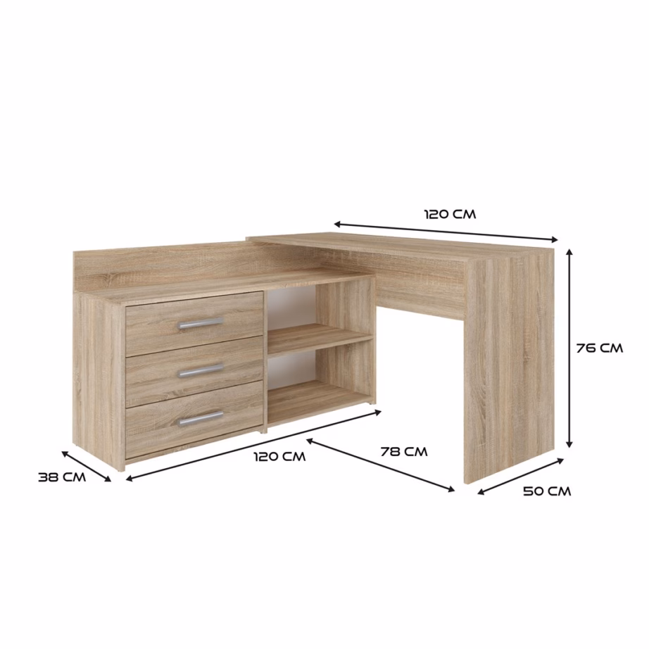 Nurgakirjutuslaud Topeshop DANY, 120 × 50 cm, 3 sahtlit, Sonoma tamme toon - 4
