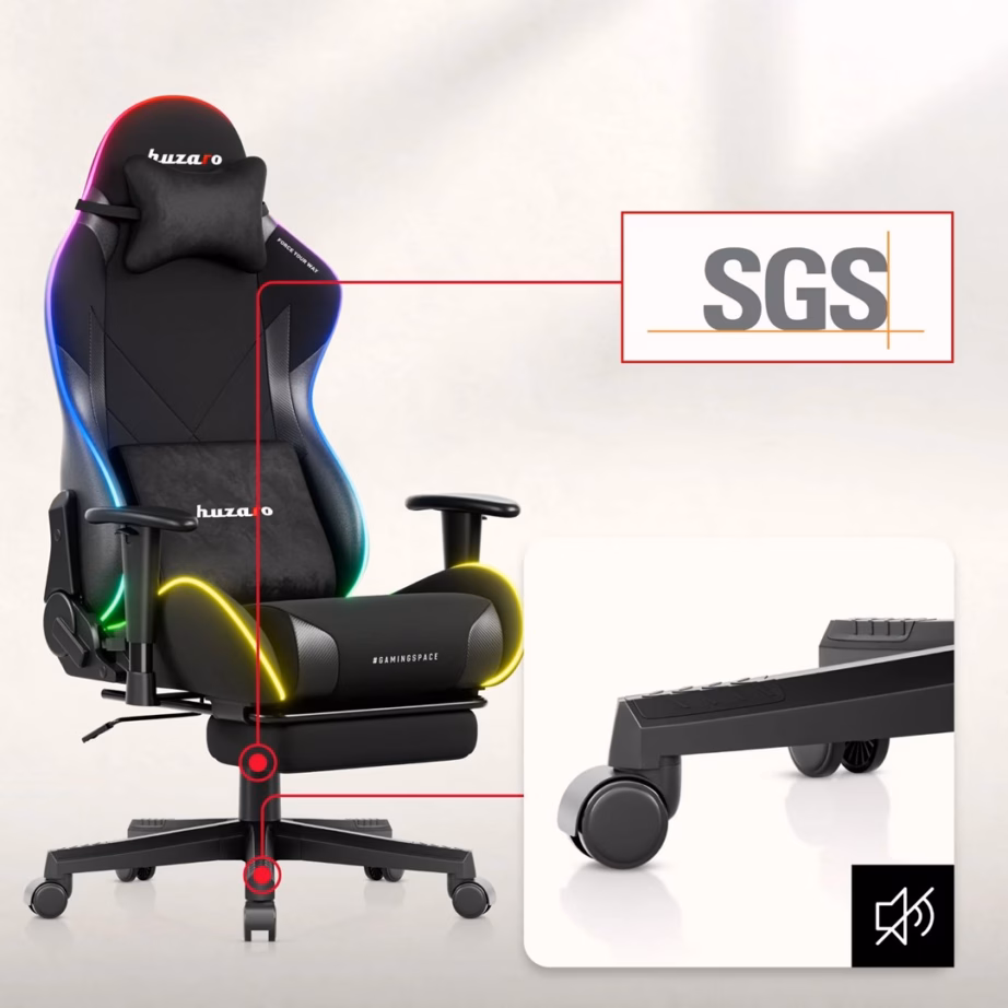 Mänguritool Huzaro Force 5.7 RGB, must veluur, jalatugi ja 2D käetoed, 136 kg - 3