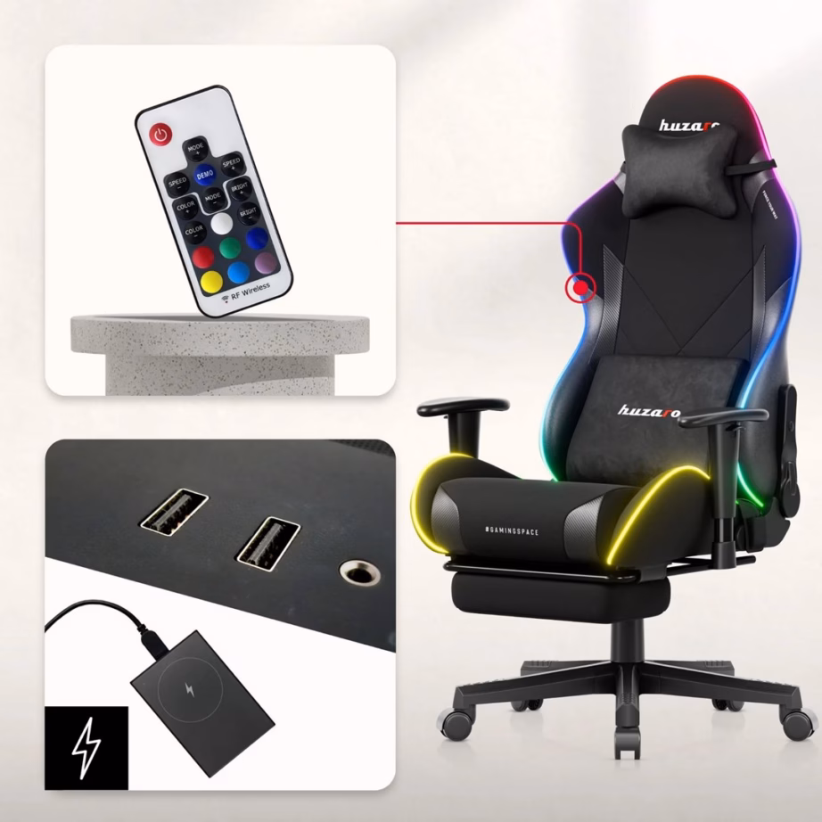 Mänguritool Huzaro Force 5.7 RGB, must veluur, jalatugi ja 2D käetoed, 136 kg - 5
