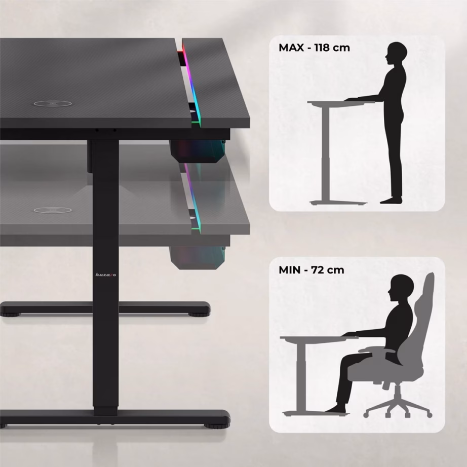 Elektriliselt reguleeritav arvutilaud huzaro Hero 8.7 RGB, 140 × 70 cm, juhtmevaba laadijaga, must - 4