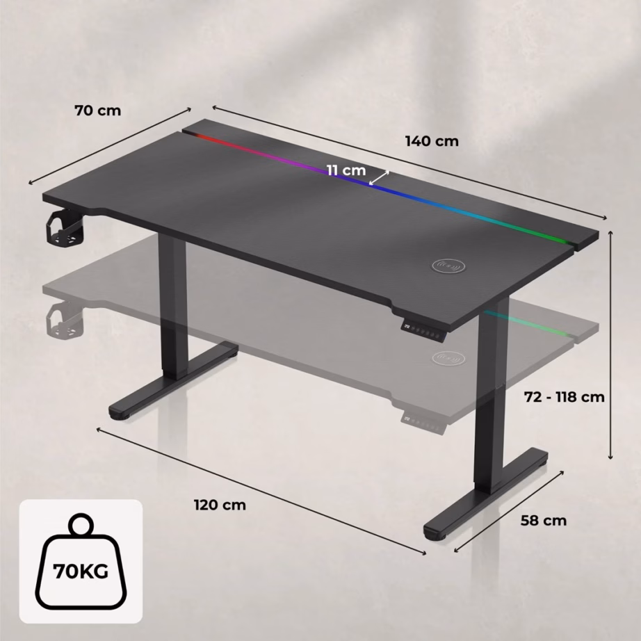 Elektriliselt reguleeritav arvutilaud huzaro Hero 8.7 RGB, 140 × 70 cm, juhtmevaba laadijaga, must - 5