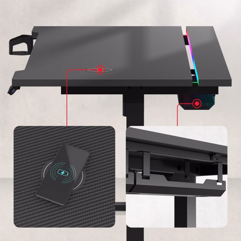 Elektriliselt reguleeritav arvutilaud huzaro Hero 8.7 RGB, 140 × 70 cm, juhtmevaba laadijaga, must - 6