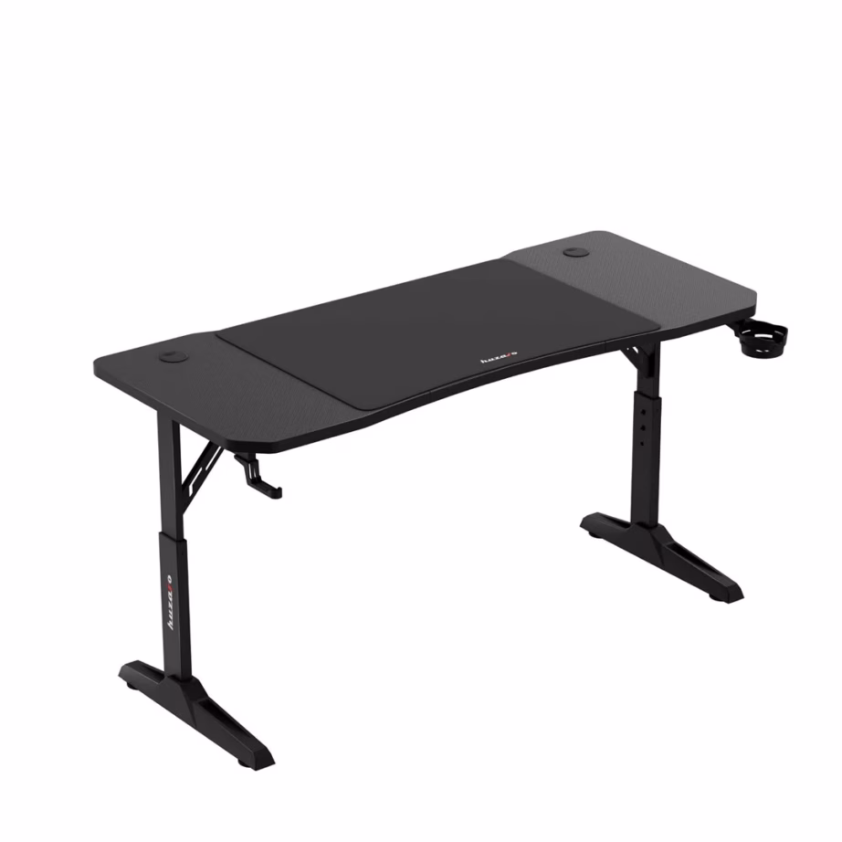 Huzaro Hero 3.6 Black 140×60 cm must mängurilaud süsinikkiu mustriga, reguleeritav kõrgus 56-79 cm, kõrvaklappide ja joogitopsi hoidjaga - 2