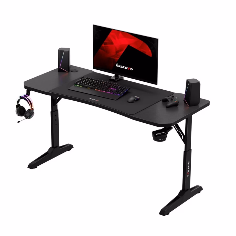 Huzaro Hero 3.6 Black 140×60 cm must mängurilaud süsinikkiu mustriga, reguleeritav kõrgus 56-79 cm, kõrvaklappide ja joogitopsi hoidjaga - 8