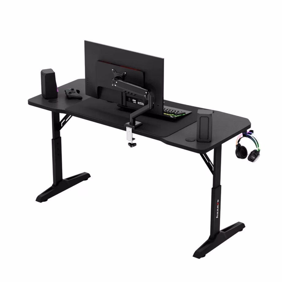 Huzaro Hero 3.6 Black 140×60 cm must mängurilaud süsinikkiu mustriga, reguleeritav kõrgus 56-79 cm, kõrvaklappide ja joogitopsi hoidjaga - 10
