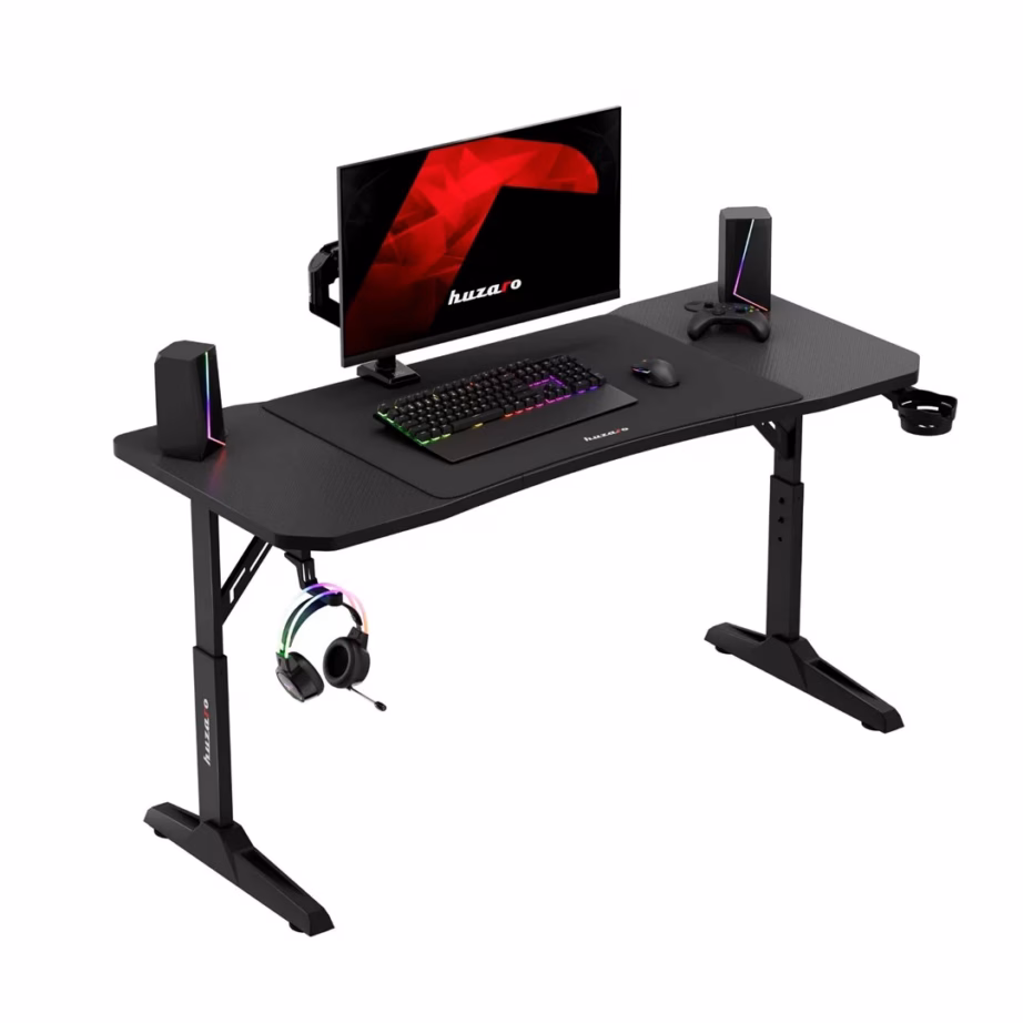 Huzaro Hero 3.6 Black 140×60 cm must mängurilaud süsinikkiu mustriga, reguleeritav kõrgus 56-79 cm, kõrvaklappide ja joogitopsi hoidjaga - 11