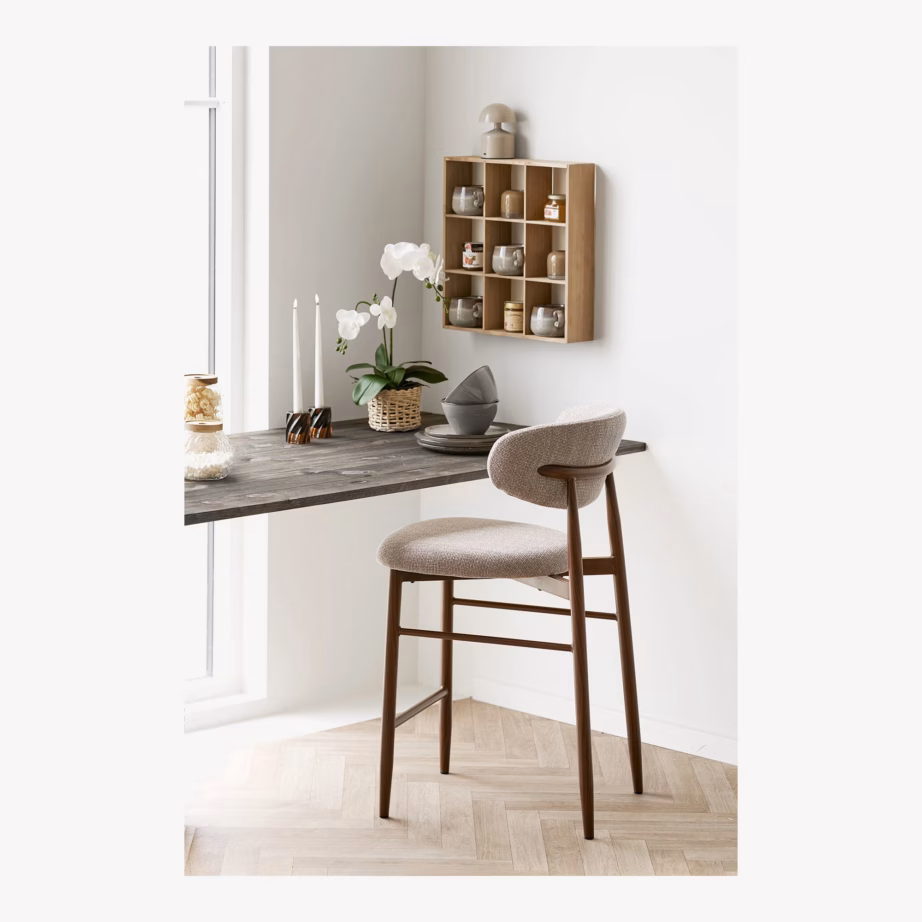 Liivakarva polsterdatud baaritool puidutooni metalljalgadel, istmekõrgus 65 cm, Levanto - 2