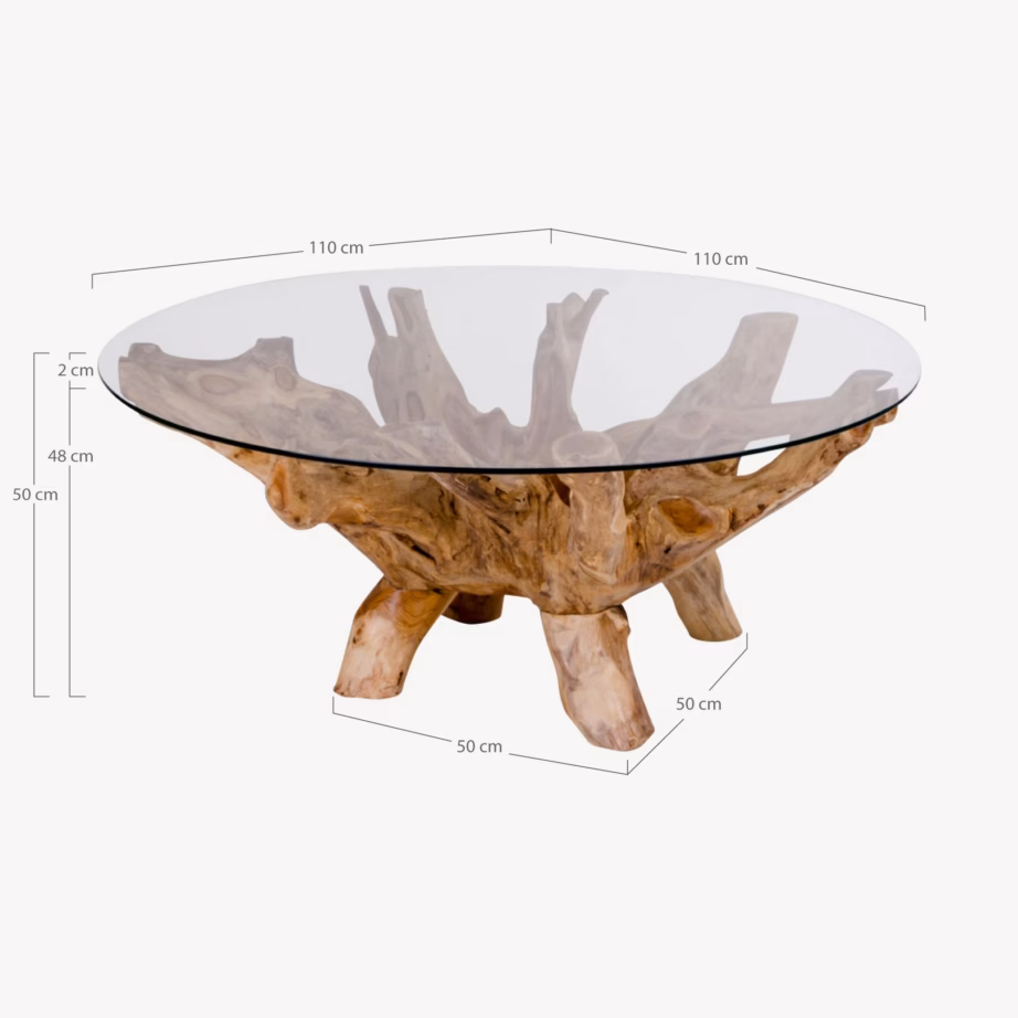 Ümar klaasist diivanilaud tiigipuidust jalgadega Amazonas, Ø110 cm - 4