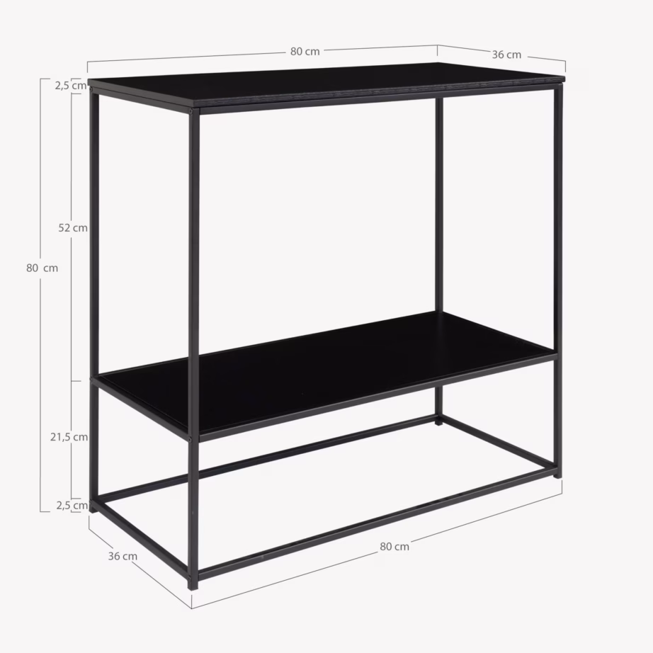 Must konsoollaud kahe riiuliga ja metallraamiga Vita 80x36x80 cm - 4