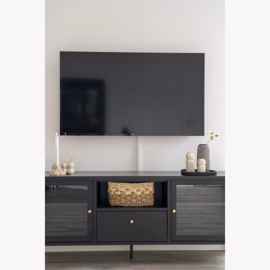 Must metallist telerialus klaasukste ja sahtliga Dalby 150x35x60 cm - 2