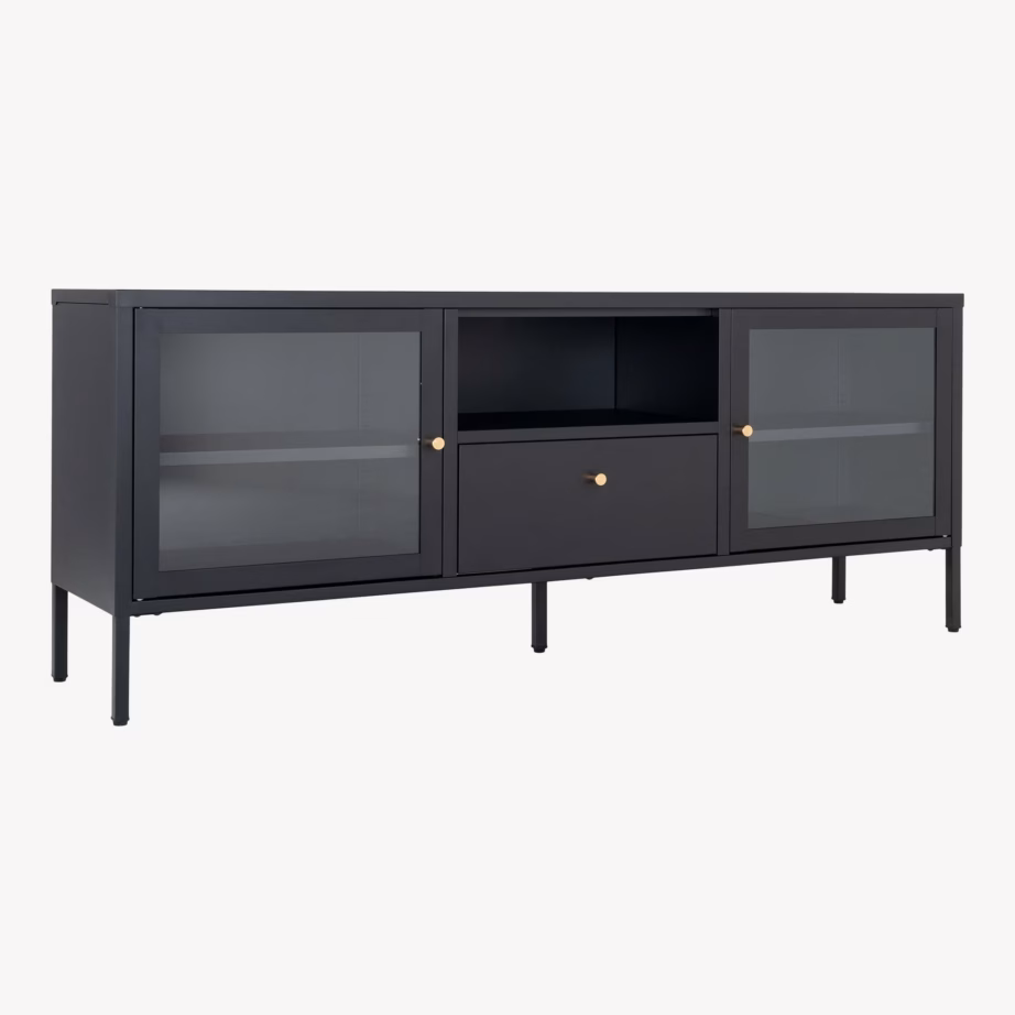 Must metallist telerialus klaasukste ja sahtliga Dalby 150x35x60 cm - 3