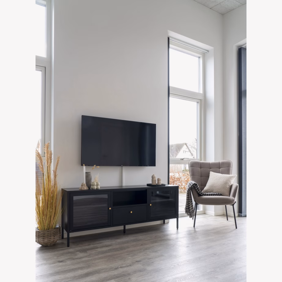 Must metallist telerialus klaasukste ja sahtliga Dalby 150x35x60 cm - 4