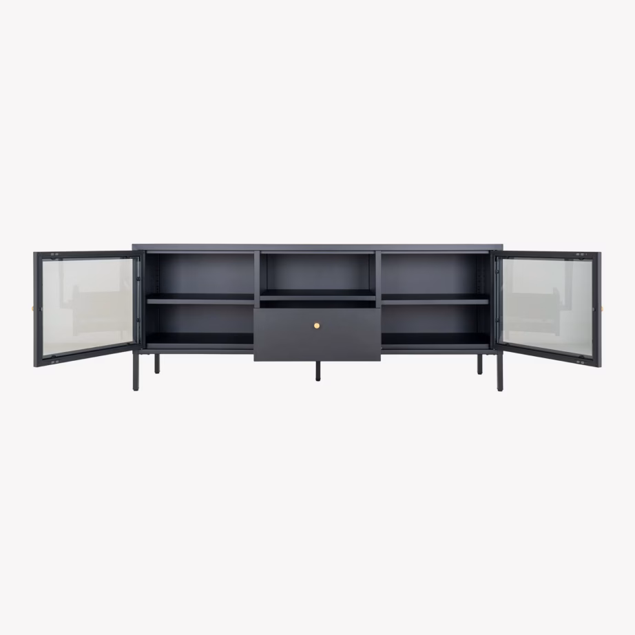 Must metallist telerialus klaasukste ja sahtliga Dalby 150x35x60 cm - 5