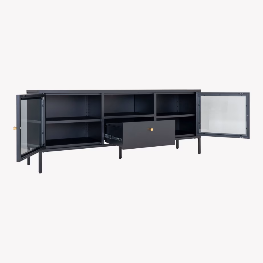 Must metallist telerialus klaasukste ja sahtliga Dalby 150x35x60 cm - 6