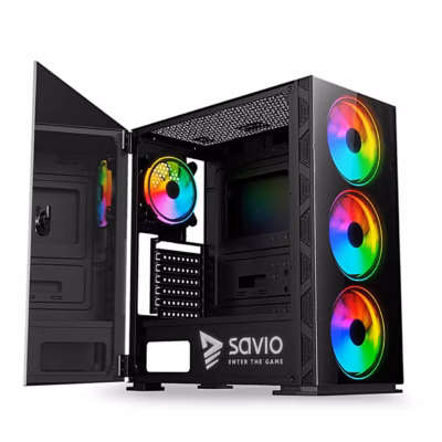 Savio Prime X1 ARGB Glass arvutikorpus, karastatud klaasist esipaneel, 4 ventilaatorit, must