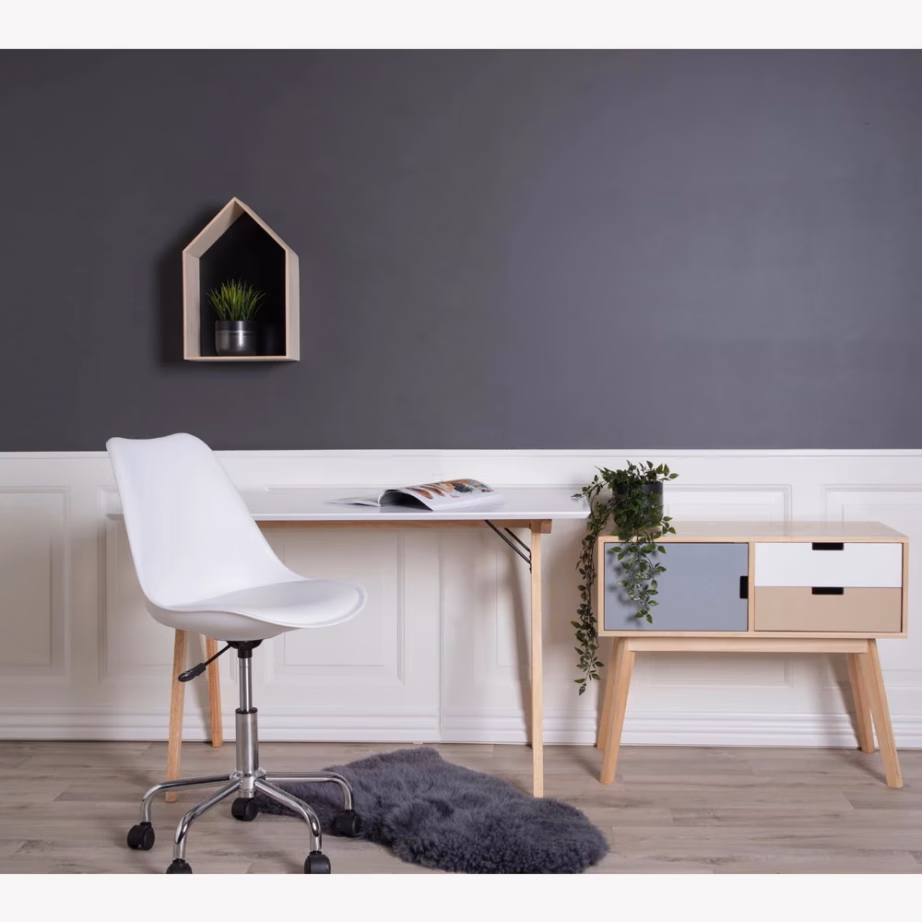 Valge kirjutuslaud MDF-plaadiga, naturaalsete puitjalgadega Vojens 120×60 cm - 2