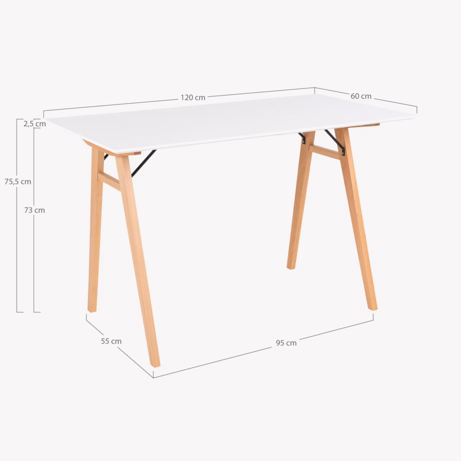 Valge kirjutuslaud MDF-plaadiga, naturaalsete puitjalgadega Vojens 120×60 cm - 4