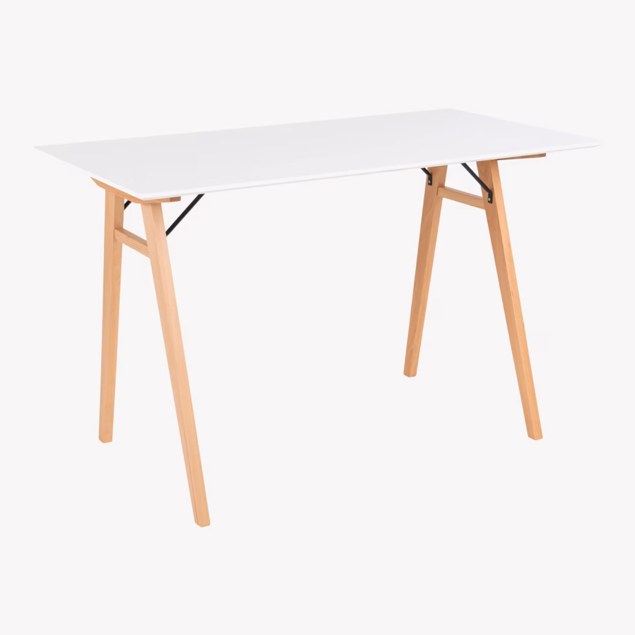 Valge kirjutuslaud MDF-plaadiga, naturaalsete puitjalgadega Vojens 120×60 cm - 8