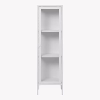 Valge metallist kitsas vitriinkapp klaasuksega 40x35x140 cm Brisbane