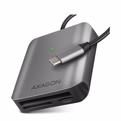 Mälukaardilugeja AXAGON CRE-S3C hall alumiiniumkorpus, USB-C-kaabel ja roheline märgutuli