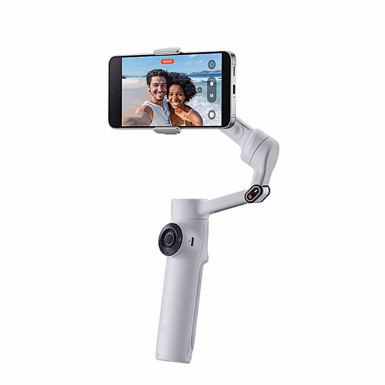 Hall gimbal Insta360 Flow 2 lahtivolditult, telefon rõhtasendis eestvaates