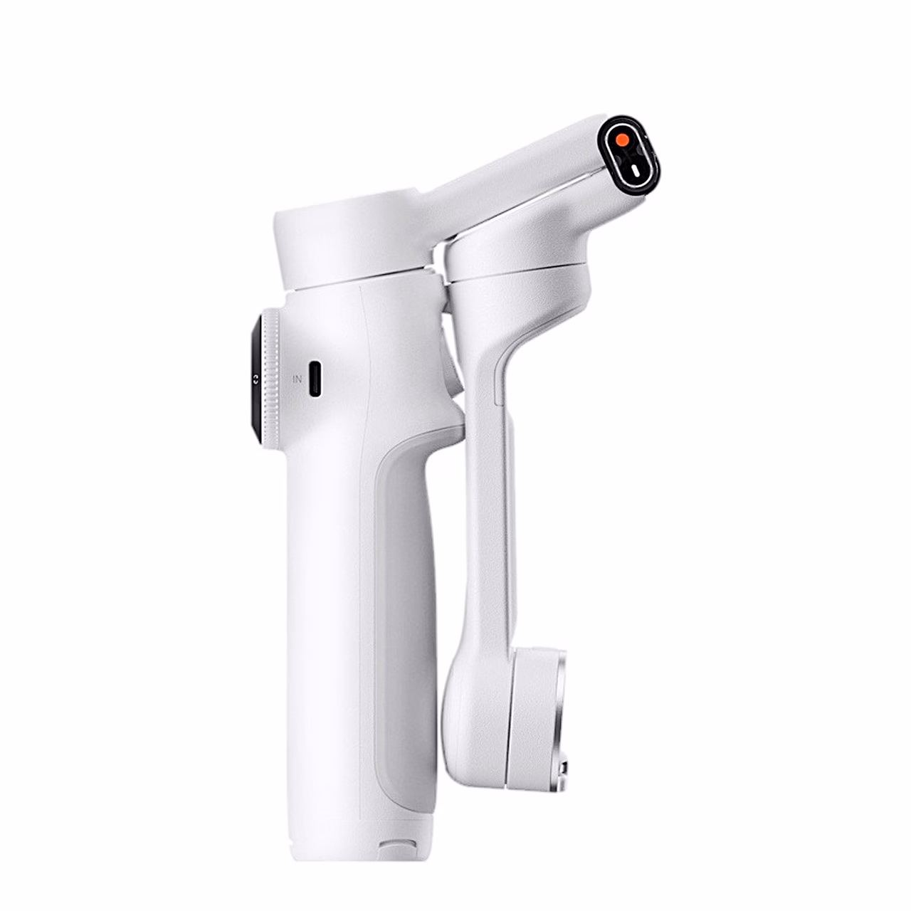 Kokkuvolditud valge Insta360 Flow 2 gimbal lähivaates