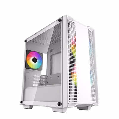 Valge arvutikorpus DeepCool CC360 ARGB eest ja klaasist külgpaneeli poolt