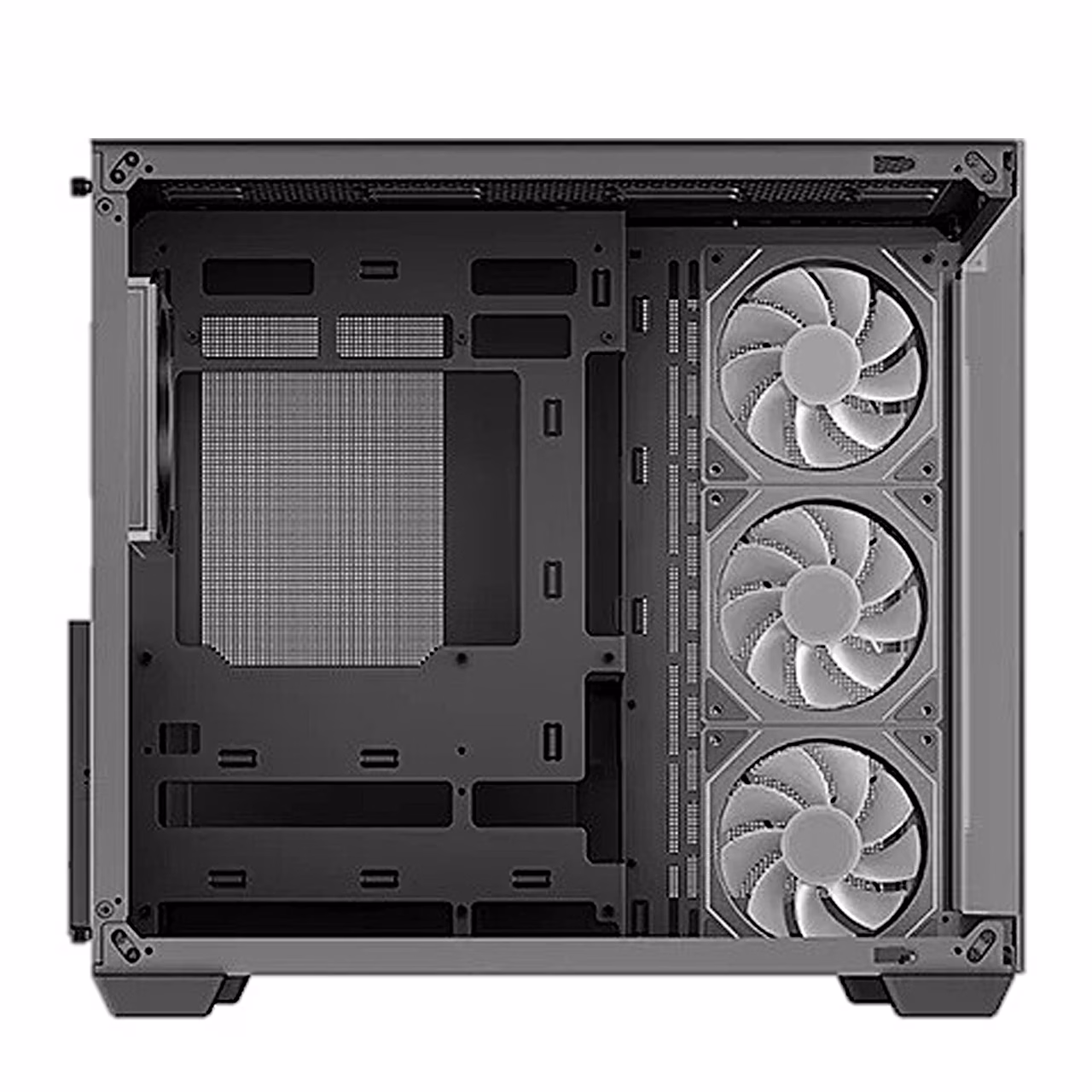 DeepCool CG530 4F külgvaade, emaplaadi kamber ja kolm külgventilaatorit