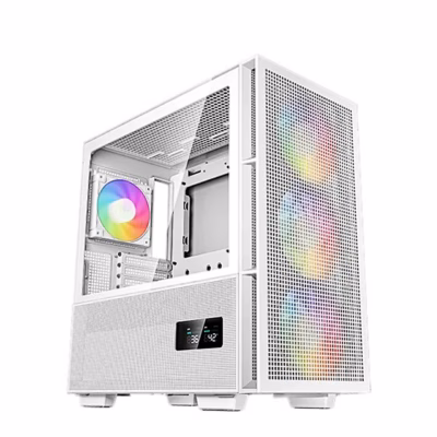 Valge arvutikorpus DeepCool CH560 DIGITAL eest, näha ARGB-ventilaatorid ja temperatuuriekraan