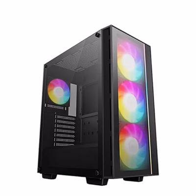 Must arvutikorpus DeepCool MATREXX 55 V4 C eest, näha kolm ARGB-ventilaatorit ja LED-riba