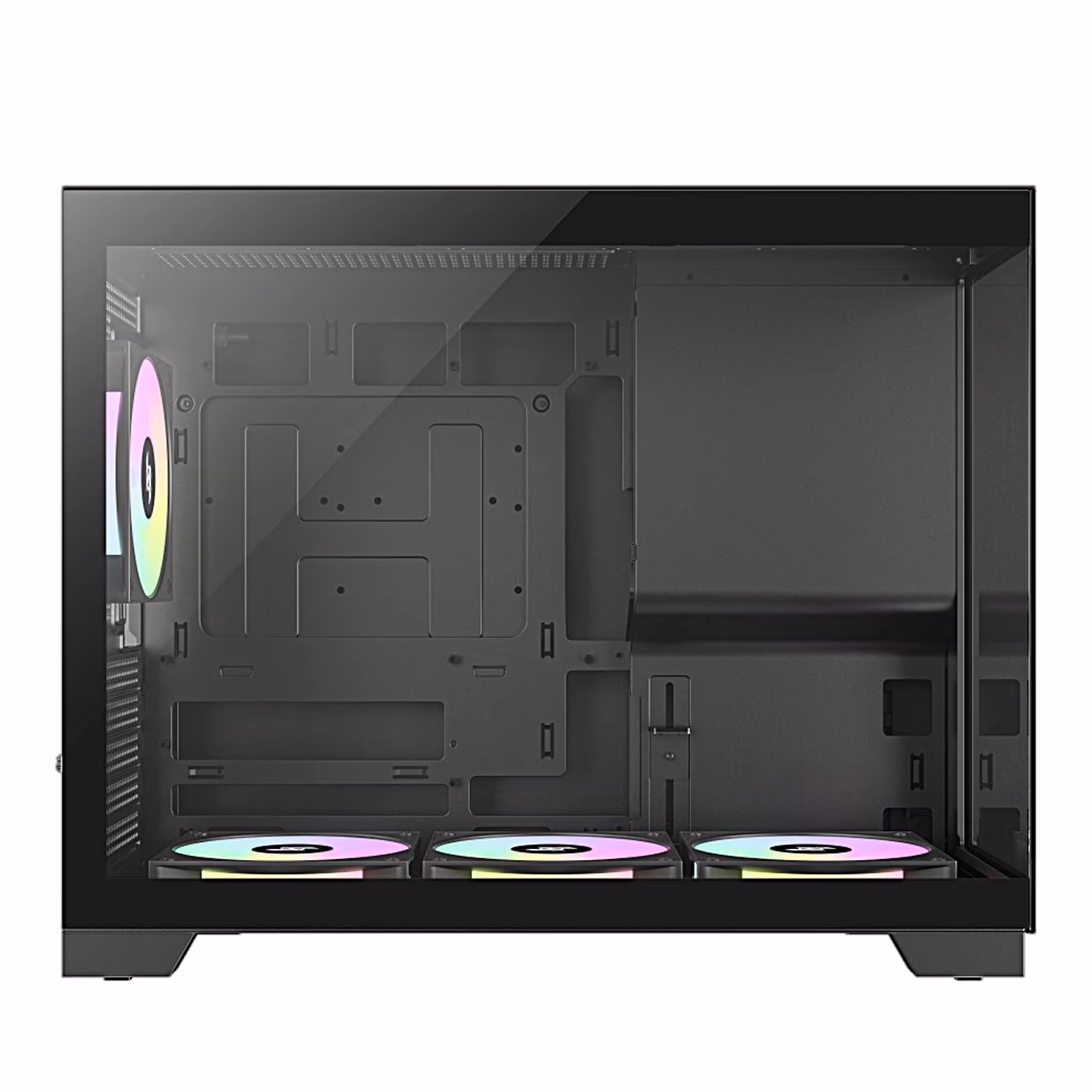 Gamemax NEX C33 emaplaadi kamber otsevaates, all kolm ARGB-ventilaatorit