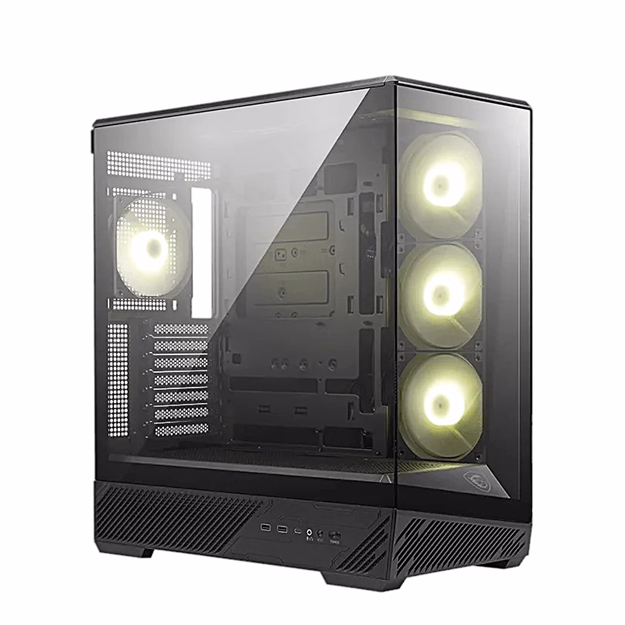 MSI MAG PANO 130R PZ tower korpus eest nurga alt, klaasi taga neli ventilaatorit