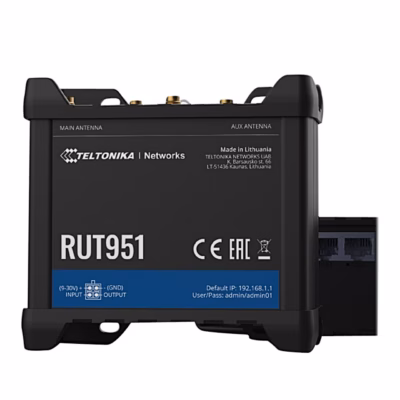 Teltonika RUT951 4G-ruuter eestvaates, taga külili teine korpus Ethernet-portidega