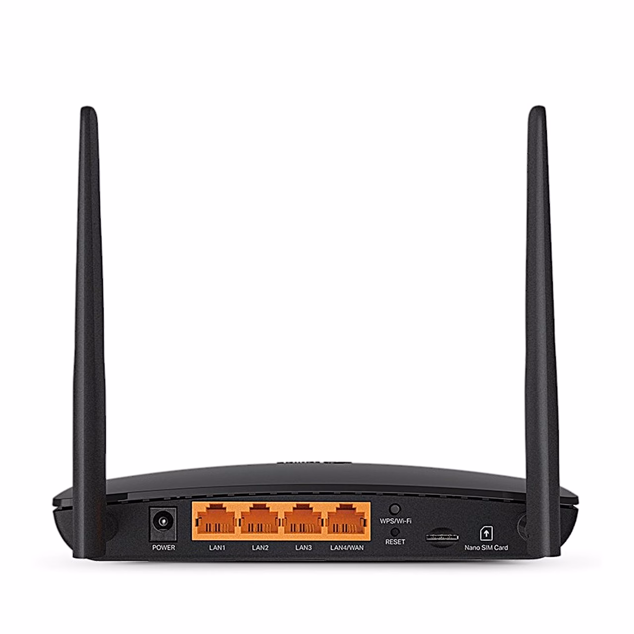 TP-Link Archer MR402 tagapaneel: toitepesa, neli oranži Ethernet-porti ja nupud