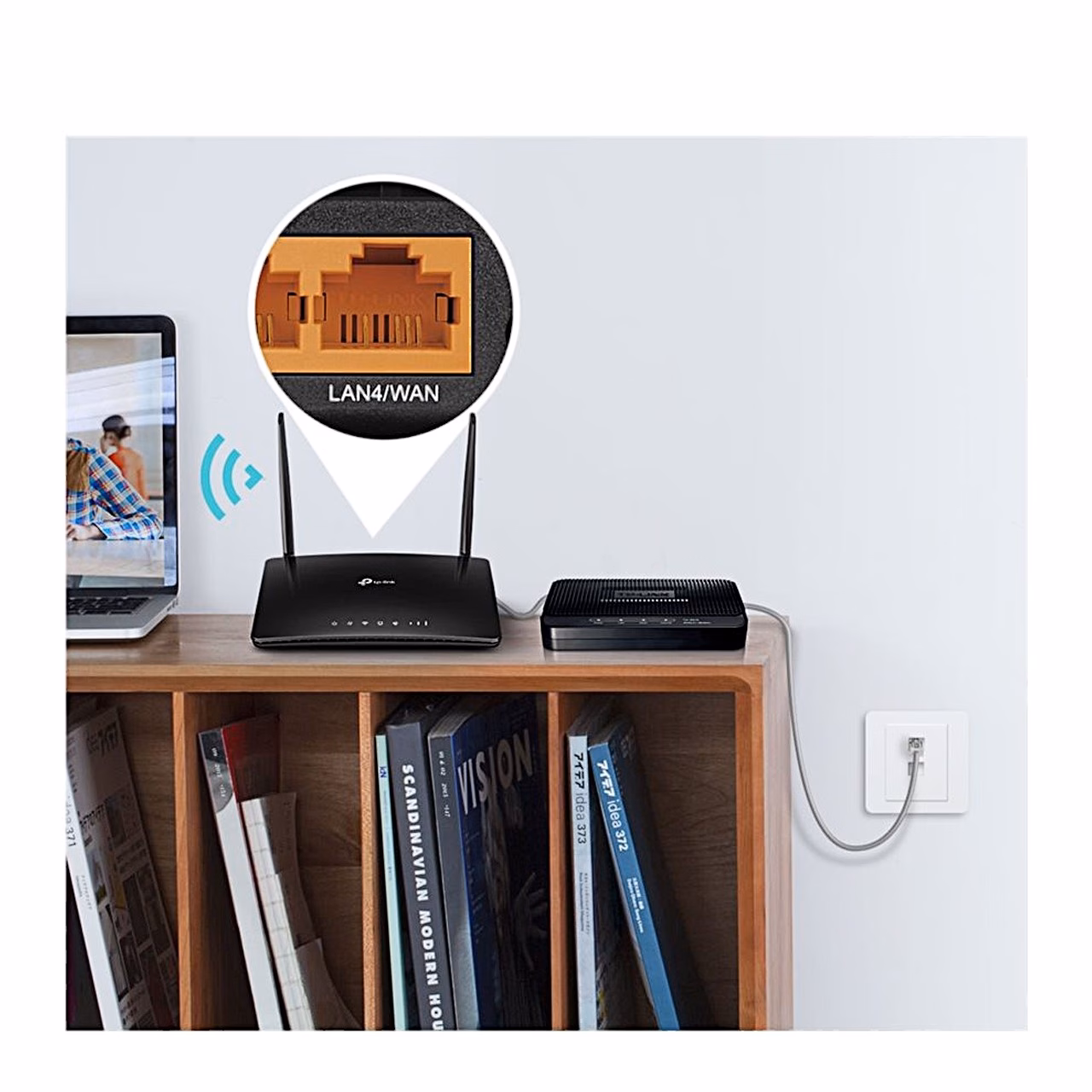 SIM-kaardiga ruuter TP-Link Archer MR402 riiulil, WAN/LAN-pordi kaabelühendus