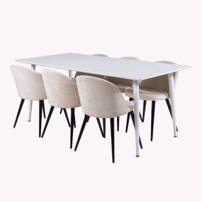 Söögilauakomplekt Polar, valge MDF-laud ja 6 beeži sametist tooli, GR20074