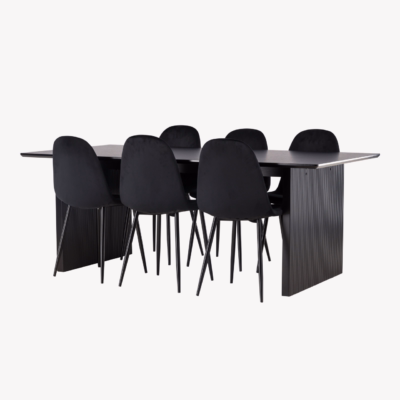 Must söögilaud Vail ja mustad sametist Polar toolid (MDF, 200x100cm), GR22910