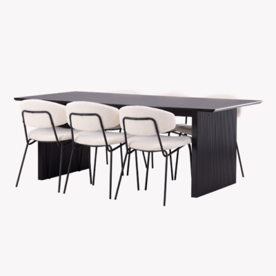 Ristkülikukujuline söögilauakomplekt Vail (must MDF laud ja valged bukleekangast toolid), GR22964