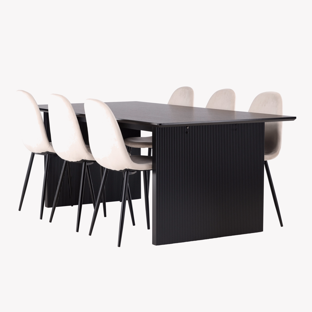 Ristkülikukujuline söögilaud Vail ja 6 beeži sametist Polar tooli (must MDF, 200x100 cm) - GR22913