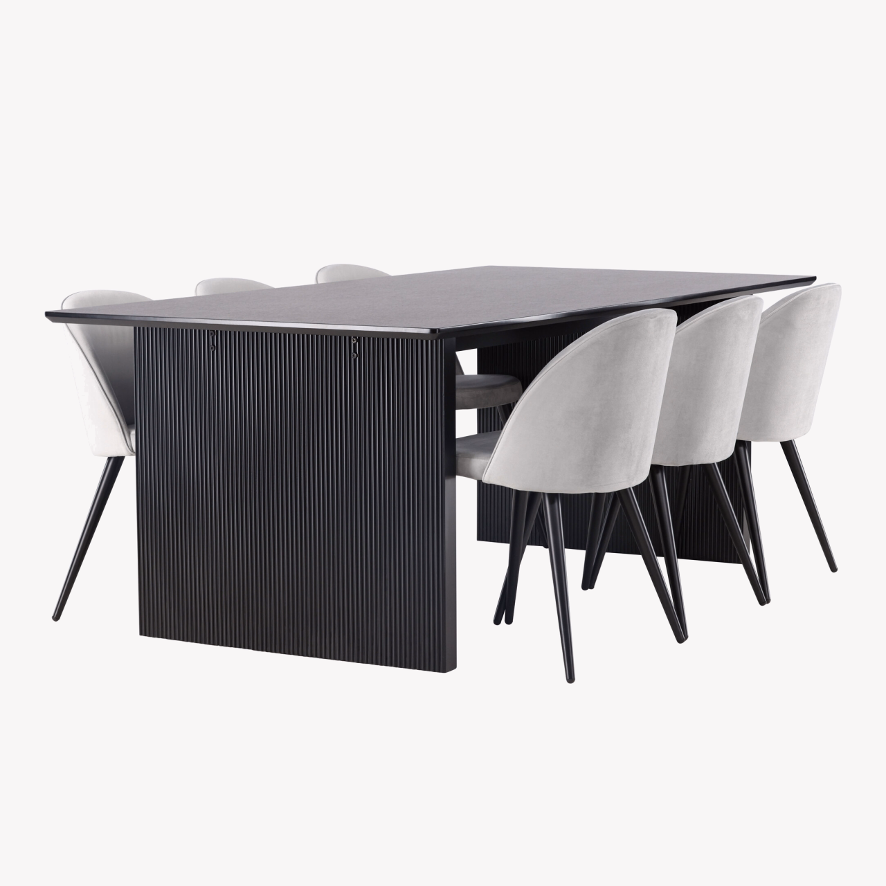 Sirgete joontega must söögilaud Vail ja hallid velvetist toolid (6 tk) - GR22912